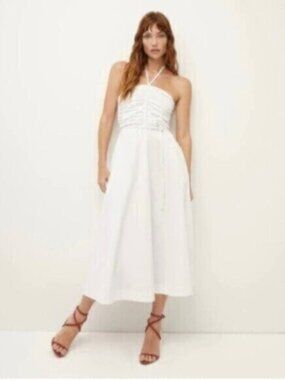 veronica beard casela ruched silk midi dress Veronica Beard Casela Blue Silk Ruched V-Neck Midi Dress  The Closet New  York